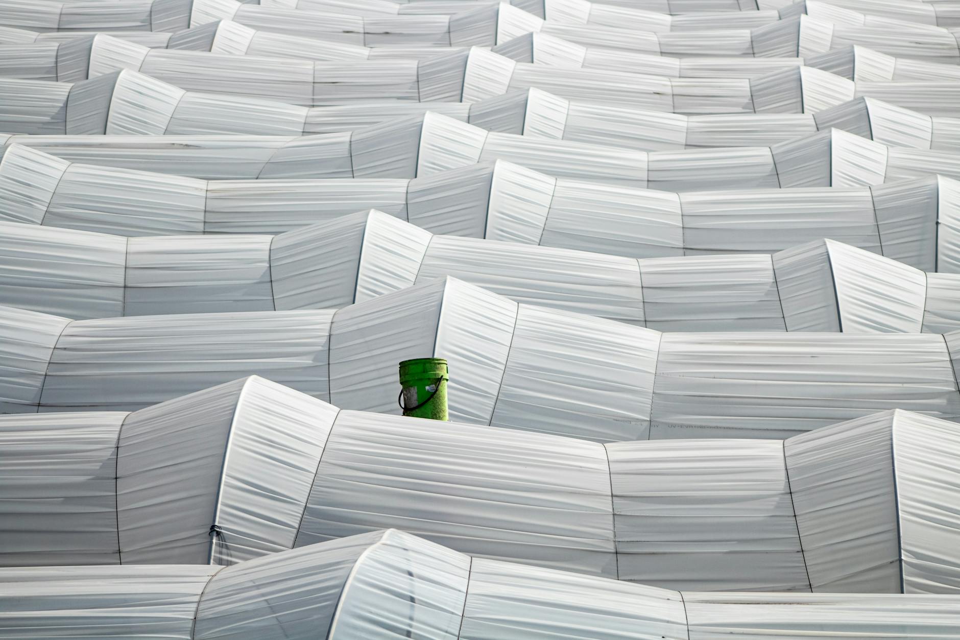 Widok z lotu ptaka na białe dachy szklarni z jednym zielonym wywietrznikiem